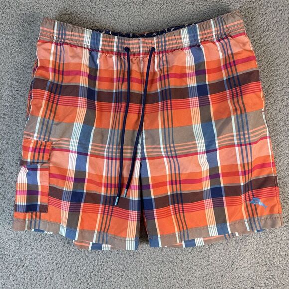 Tommy Bahama Men's Medium Orange Plaid Lined Swim‎ Trunks Drawstring - Picture 1 of 12